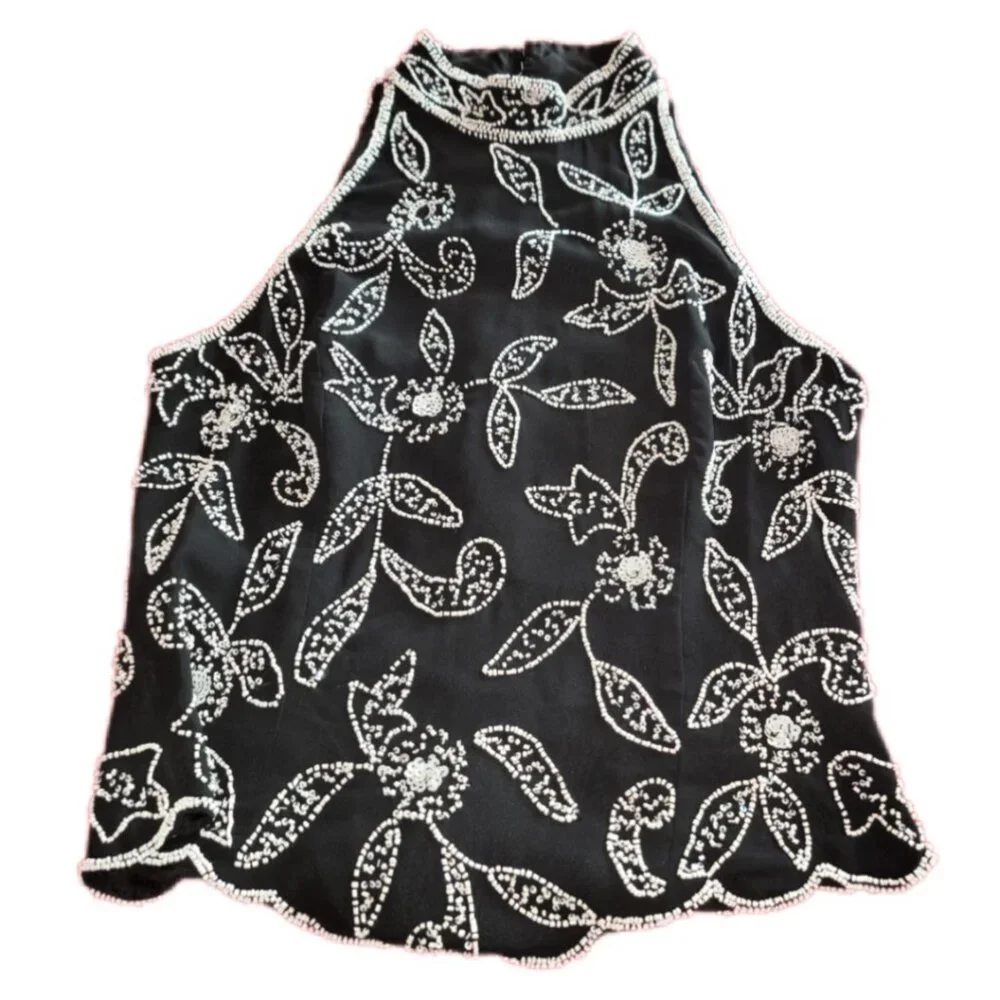 Camille La Vie Beaded Halter Top Black White Scalloped Hem Size M NWT - Picture 2 of 5